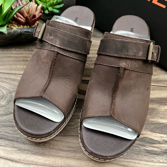 NIB Merrell Halendi Slide Wedge Sandal Full Grain Leather Brown Bracken - Picture 3 of 12
